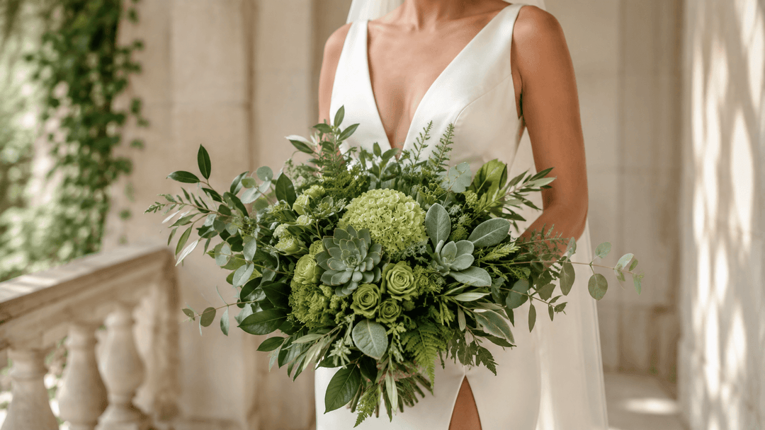 Bride holding an all-green bridal bouquet with eucalyptus, ruscus, fern, olive, green hydrangea, and succulents.