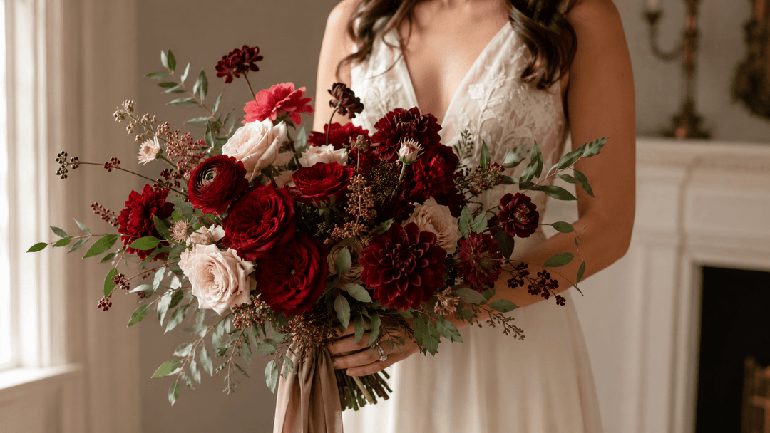 Bride holding an elegant red wedding flowers bouquet with crimson roses, burgundy dahlias, blush blooms, ivory flowers, and greenery.