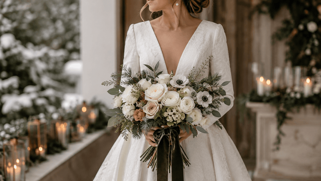 Bride holding an elegant winter wedding bouquet with white, ivory, and champagne flowers, soft greenery, and velvet ribbon in a romantic winter wedding setting.