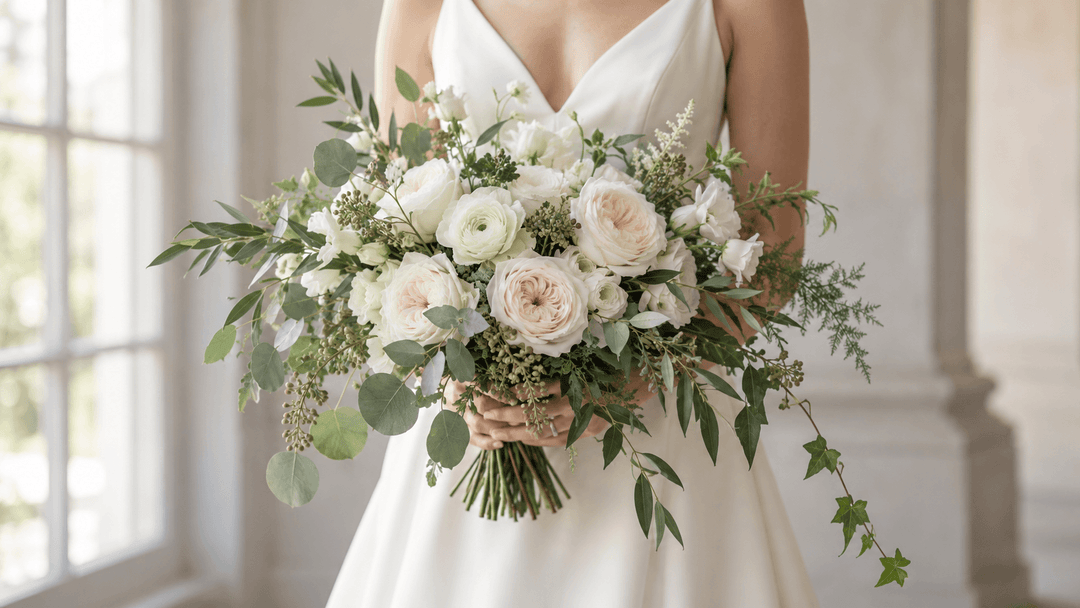 Bride holding an ivory wedding bouquet with eucalyptus, ruscus, olive, fern, and trailing greenery.