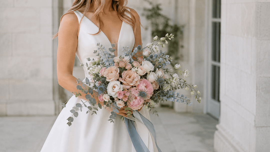 Bride holding blush pink and dusty blue wedding flowers with garden roses, delphinium, thistle, ivory blooms, and eucalyptus. 