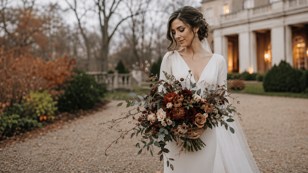 Bride holding burgundy, rust, cream, and berry November wedding flowers at an elegant late-fall wedding venue.
