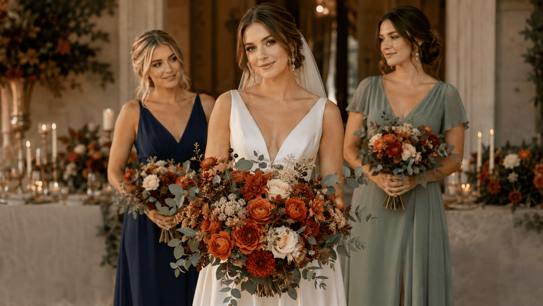 Bride holding burnt orange wedding flowers with ivory roses beside bridesmaids in navy and sage dresses.