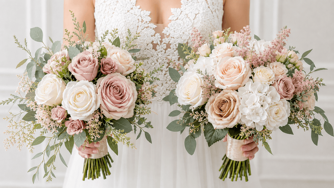 Bride holding two bridal bouquets in an elegant side-by-side comparison of foam wedding flowers and silk flowers.