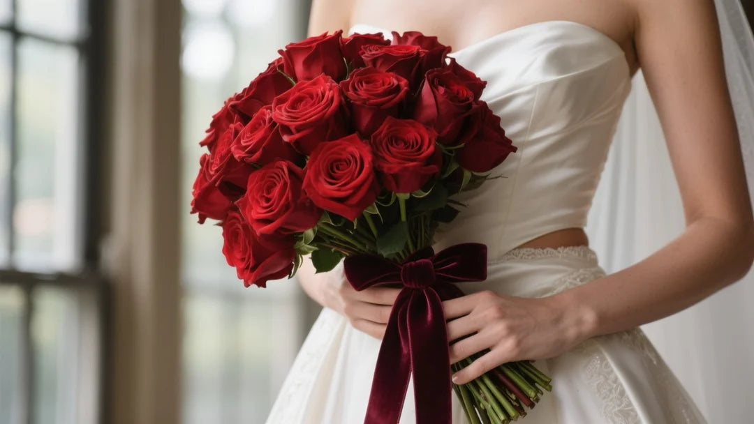 Bride in a winter gown standing in a snowy blizzard, holding a flawless burgundy and pine bouquet untouched by the cold.