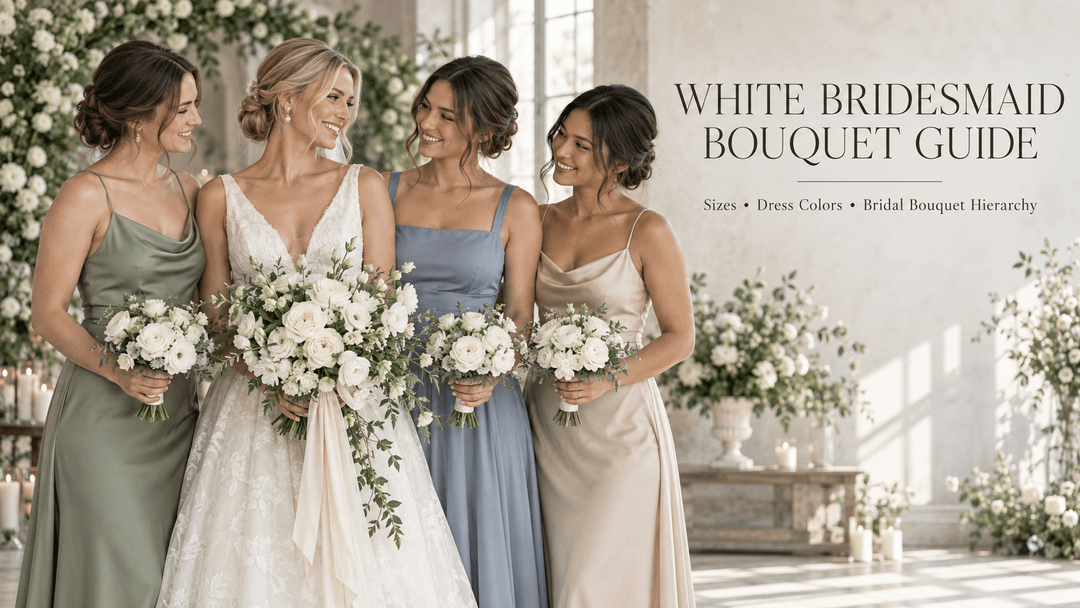 Bride with three bridesmaids carrying coordinated white bridesmaid bouquets in different dress colors, showing bouquet size and visual hierarchy.
