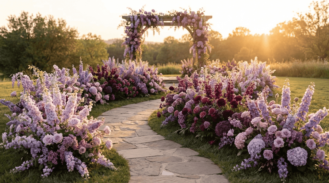 Cinematic HD wide shot of a luxury wedding aisle with a purple flower gradient—soft lilac and lavender at the edges, deep plum and eggplant in the center, styled in Meadow-core.