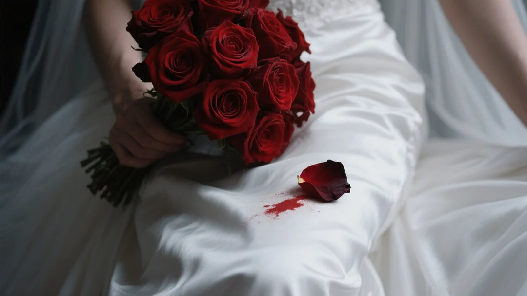 Cinematic close-up of a deep red rose bouquet near a white silk dress, with a crushed petal leaving a faint crimson smudge.