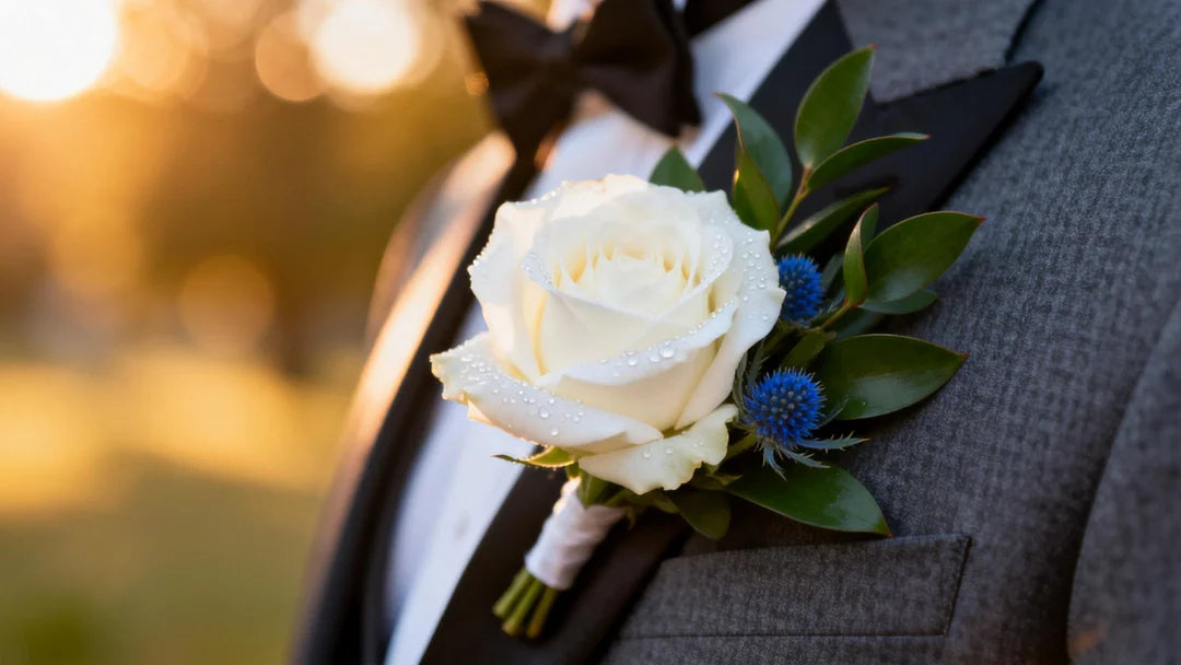 Cinematic close-up photography of a groom's tuxedo lapel, charcoal grey textured fabric, wearing a pristine white Real Touch rose boutonniere