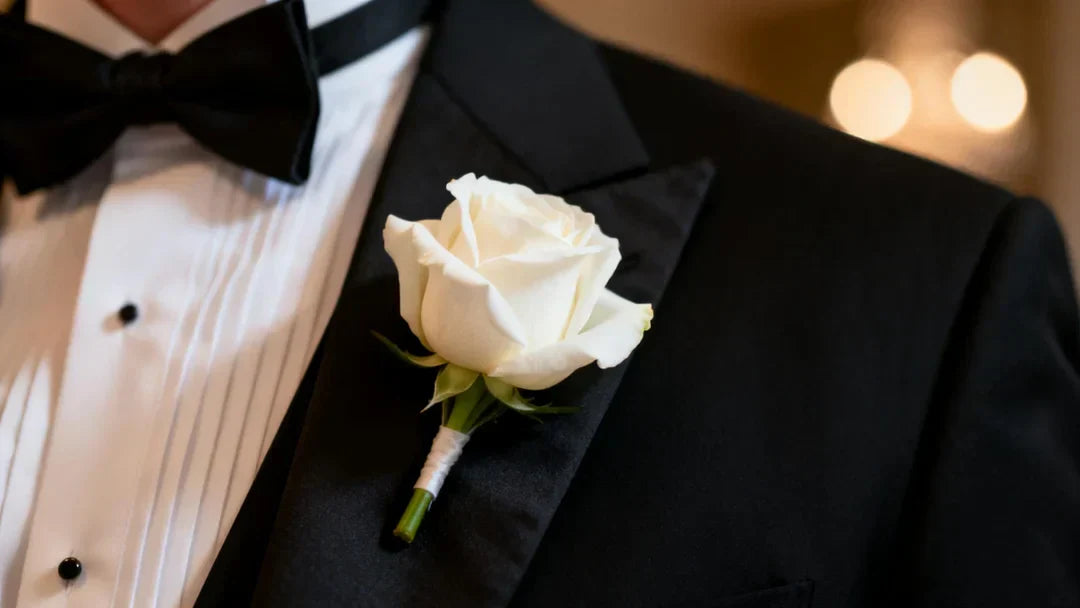 Cinematic close-up shot of a groom's tuxedo lapel, textured black fabric, wearing a pristine, high-fidelity white rose boutonniere
