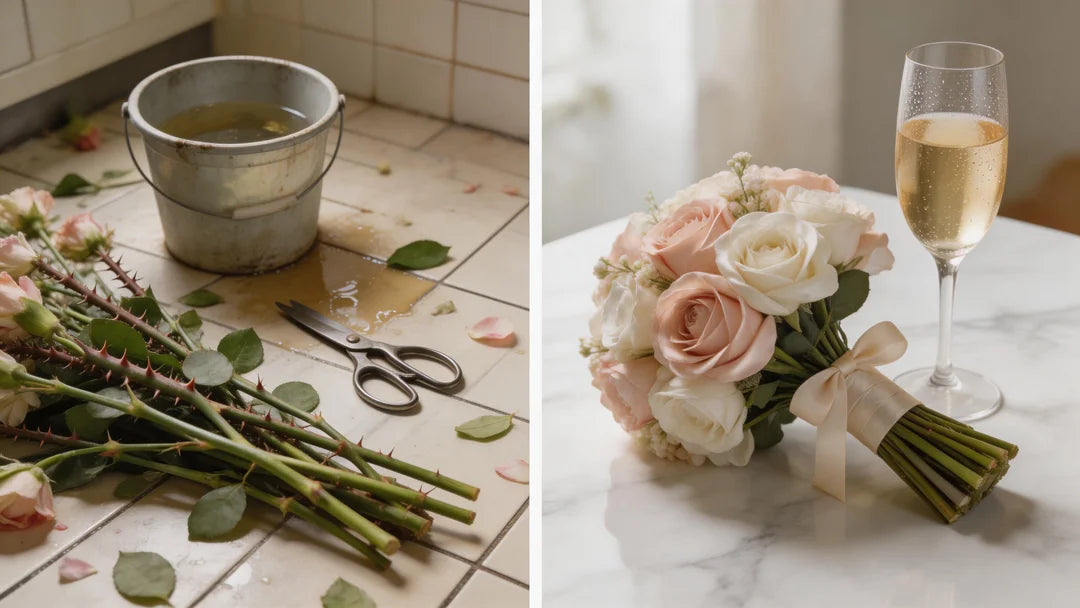 Cinematic split-scene editorial left, a chaotic kitchen floor with messy wholesale stems, thorns, buckets, and scissors; right, an elegant pre-made silk bridesmaid bouquet on a clean marble table beside champagne