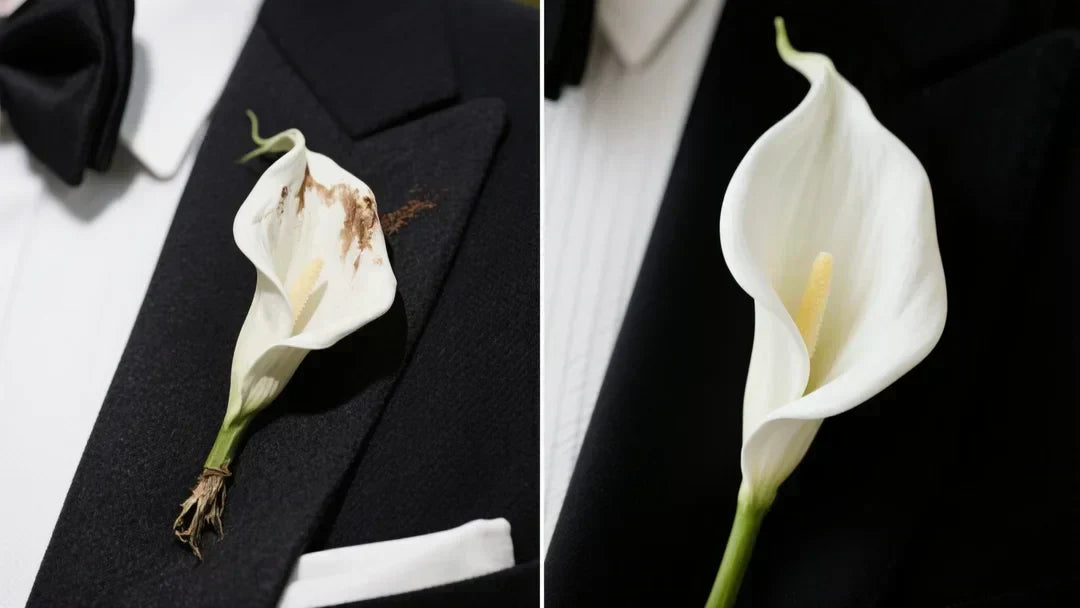 Cinematic split-screen close-up left, a bruised, drooping white calla lily boutonniere with a faint sap stain; right, a pristine Real Touch calla lily boutonniere standing upright and elegant.