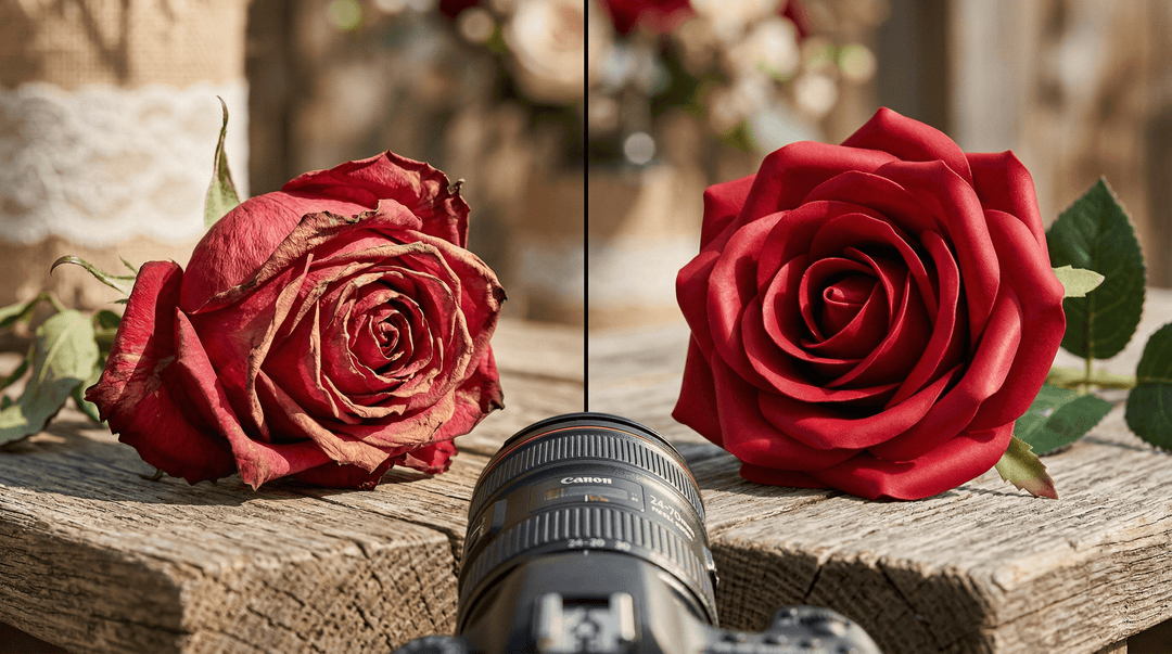 Cinematic split-screen macro left, a wilting crimson rose with brown edges under harsh sunlight; right, a flawless deep red Real Touch faux rose.