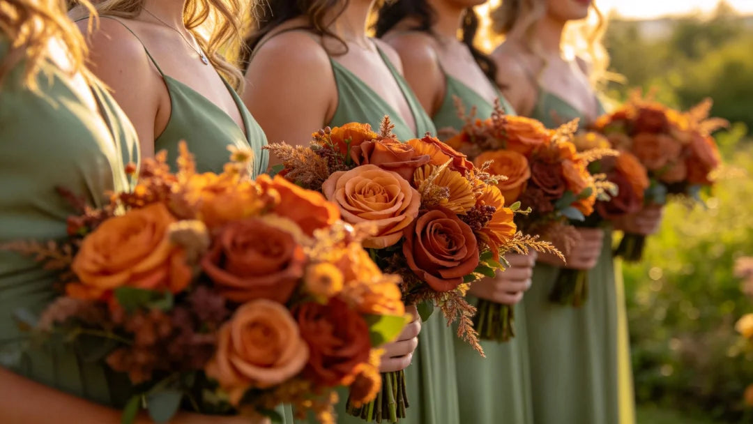 Cinematic wedding photography, close-up shot of a row of bridesmaids holding lush, burnt orange and terracotta bridesmaid bouquets