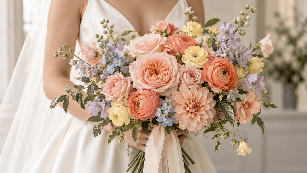 Colorful bridal bouquet with peach, coral, yellow, lavender, and blue flowers arranged in a balanced garden style