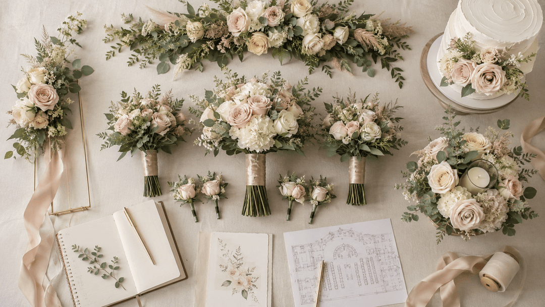Coordinated artificial wedding flower package with bridal bouquet, bridesmaid bouquets, boutonnieres, ceremony flowers, and reception centerpiece arranged in an elegant wedding planning scene.