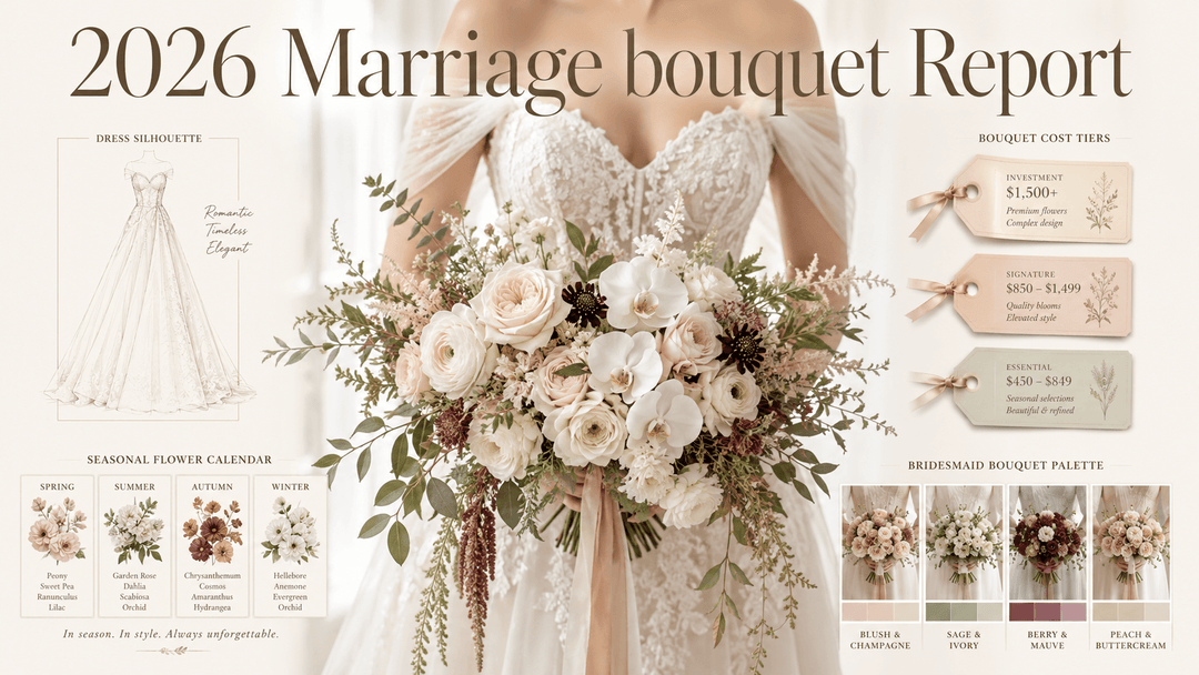 Cover for 2026 Marriage Bouquet Report showing a cropped bride holding a refined bouquet of ivory roses, ranunculus, orchids, and greenery.