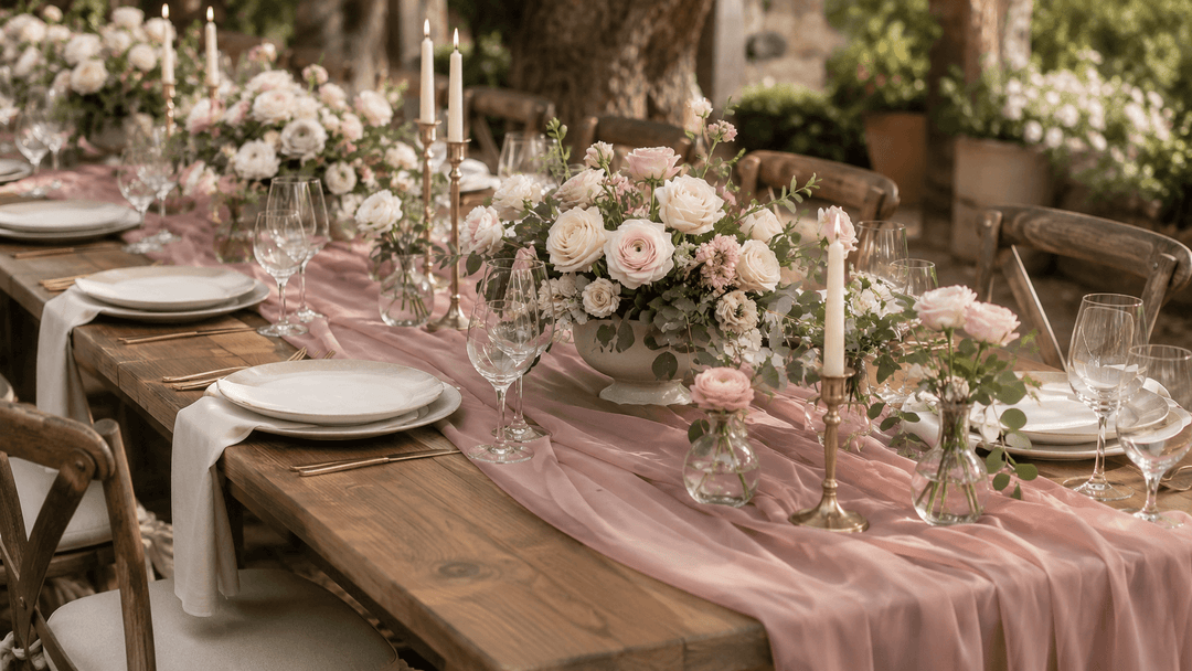 Dusty rose Chiffon Table Runner layered with ivory and blush wedding flowers, greenery, candles, and bud vases on a romantic reception table.