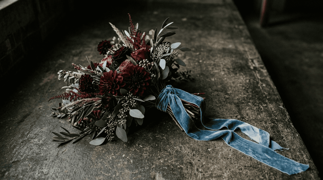 Editorial cinematic shot of an asymmetrical fall bouquet on dark concrete, with burgundy dahlias, black cherry roses, sage eucalyptus, and a dusty blue velvet ribbon.