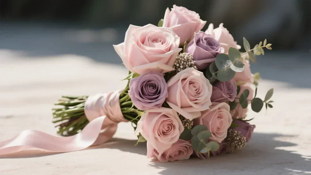 Editorial close-up of a pink rose bouquet on raw silk ribbon, with blush, dusty rose, and mauve garden roses accented by seeded eucalyptus.