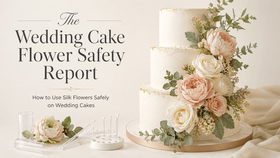 Editorial cover for The Wedding Cake Flower Safety Report featuring a three-tier white cake decorated with realistic silk flowers, ivory roses, blush peonies, sage greenery, and subtle food-safe flower barriers.