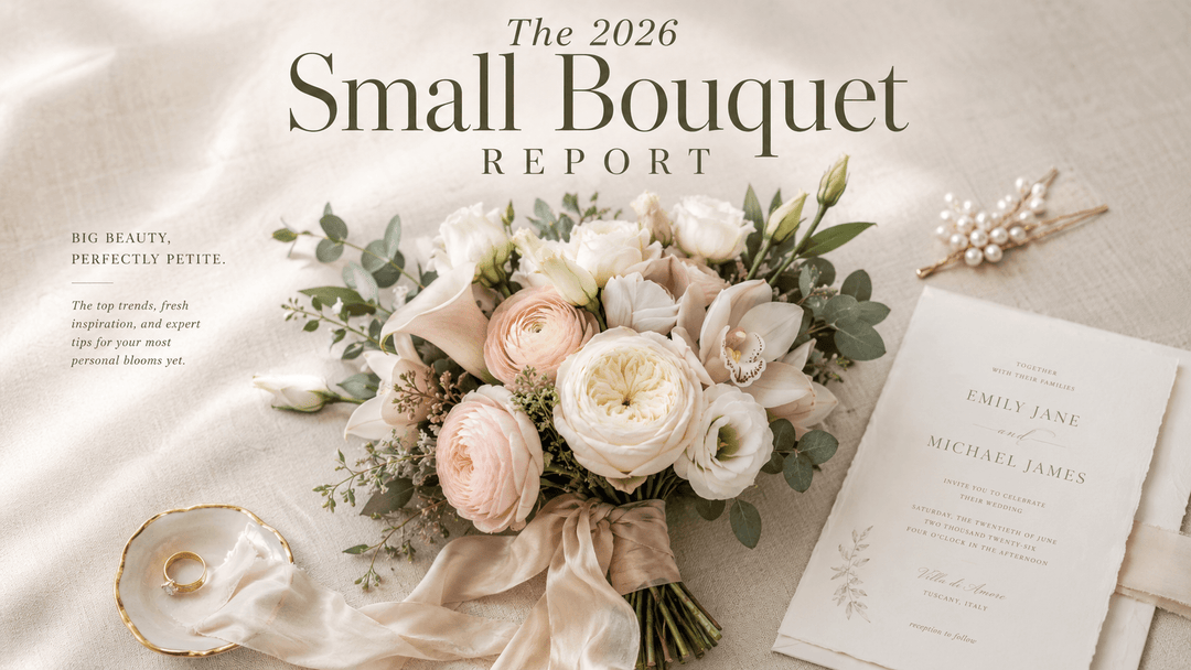 Editorial flat lay featuring a petite bridal bouquet with roses, ranunculus, lisianthus, calla lilies, orchids, eucalyptus, and silk ribbon.