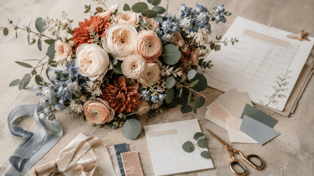 Editorial flat lay of a luxury bouquet with ivory roses, blush ranunculus, blue delphinium, terracotta dahlias, eucalyptus, and mixed silk blooms.
