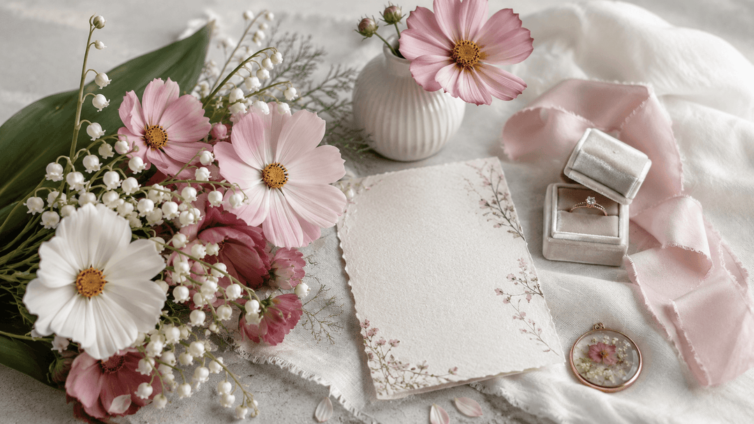 Editorial flat lay of second anniversary flowers with cosmos, lily of the valley, cotton fabric, porcelain vase, and keepsakes.