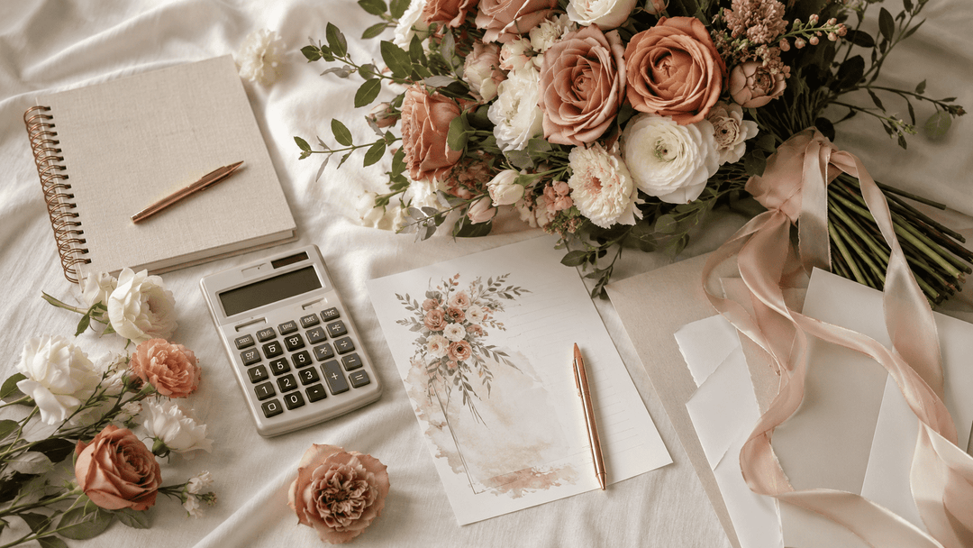 Editorial floral cost report cover with bridal bouquet, budget notebook, calculator, quote sheet, flowers, ribbon, and stationery on ivory linen.