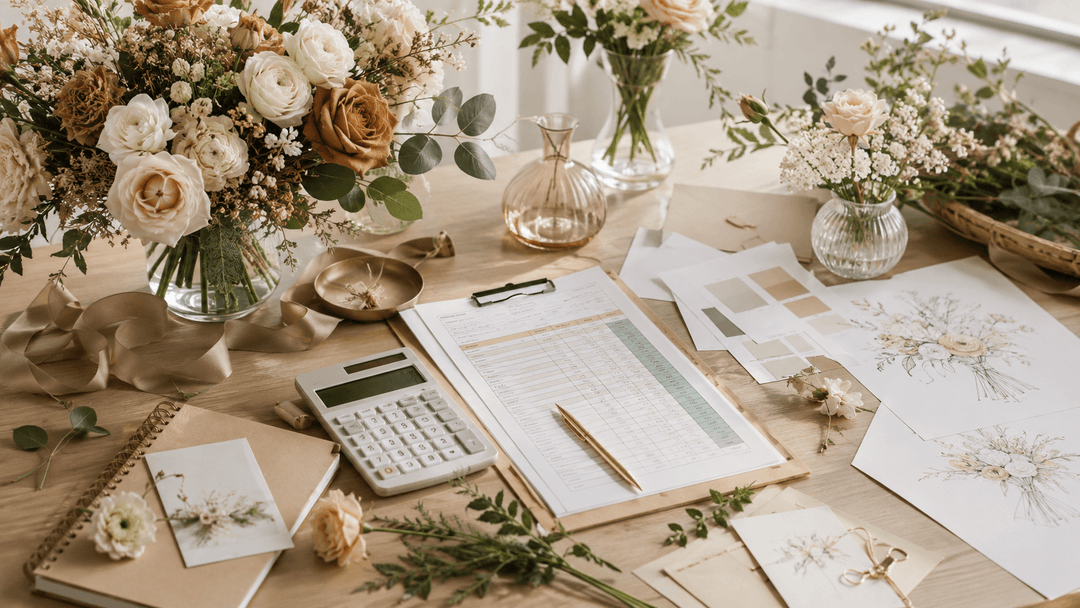 Editorial floral cost report cover with bridal bouquet, budget worksheet, vases, flower stems, ribbon, and wedding stationery.