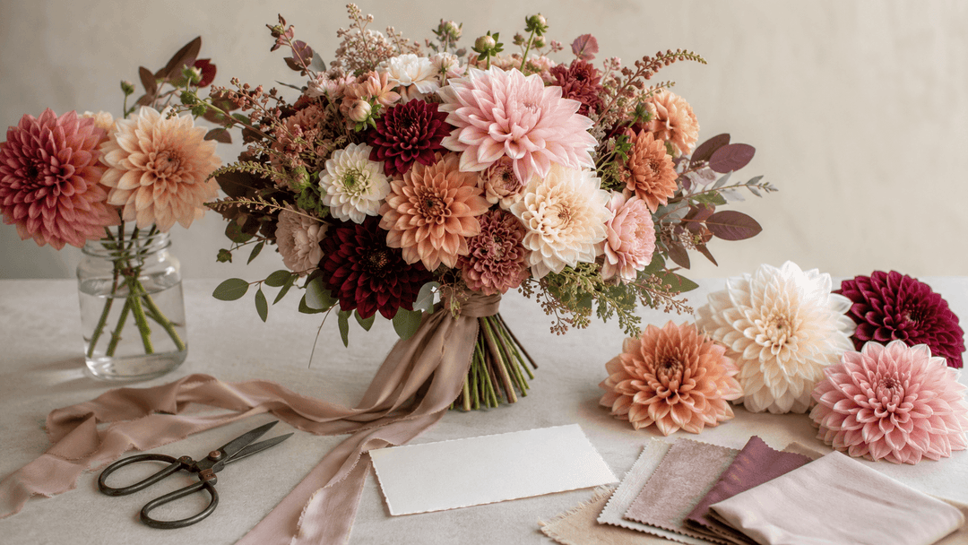 Editorial floral report featuring a lush dahlia-inspired bridal bouquet in café au lait, blush, cream, peach, and burgundy tones.