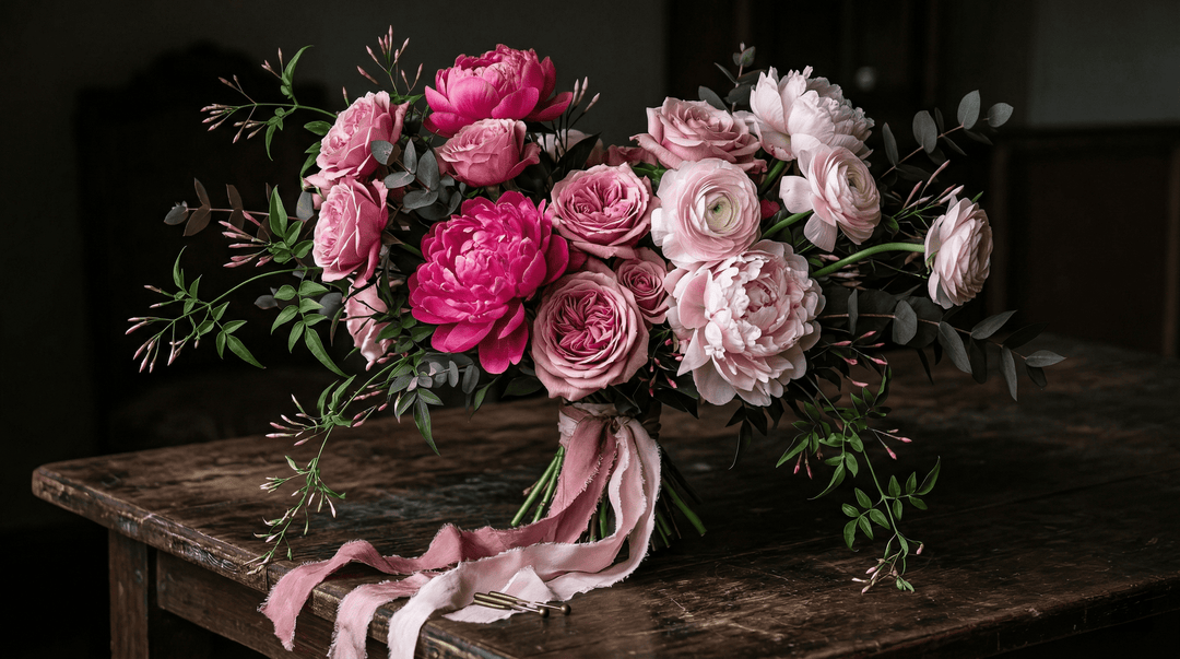 Editorial luxury wedding photography. A highly textured, sophisticated bridal bouquet resting on a dark, rustic wooden table