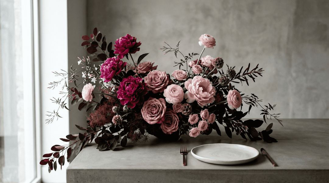 Editorial photo of an asymmetrical pink arrangement on a minimalist table, featuring magenta, dusty rose, and blush peonies and ranunculus with burgundy foliage.