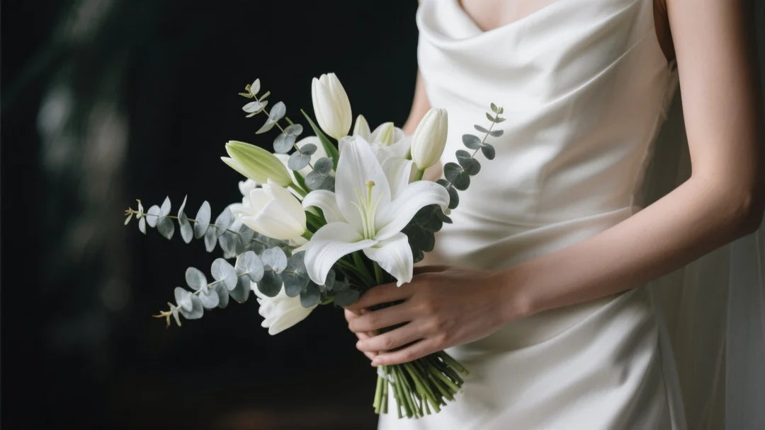 Editorial shot of a sleek white tulip bouquet with silver dollar eucalyptus, held by a bride in a minimalist silk gown.