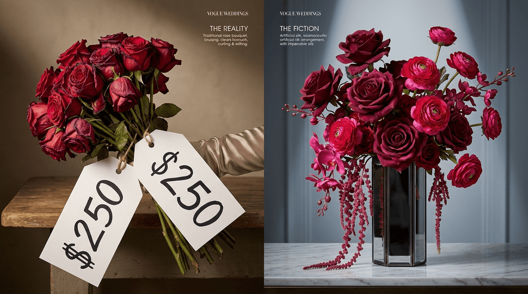 Editorial split-screen left, a bruised, wilting red rose bouquet with a large “$250” tag; right, a flawless burgundy and fuchsia silk arrangement.