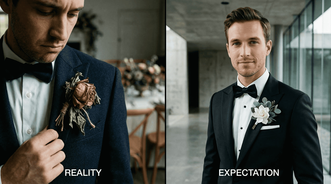 Editorial split-screen left, a severely wilted brown fresh boutonniere on a groom’s lapel; right, a sharp modern groom with a crisp matte faux silk boutonniere on a high-end tuxedo.