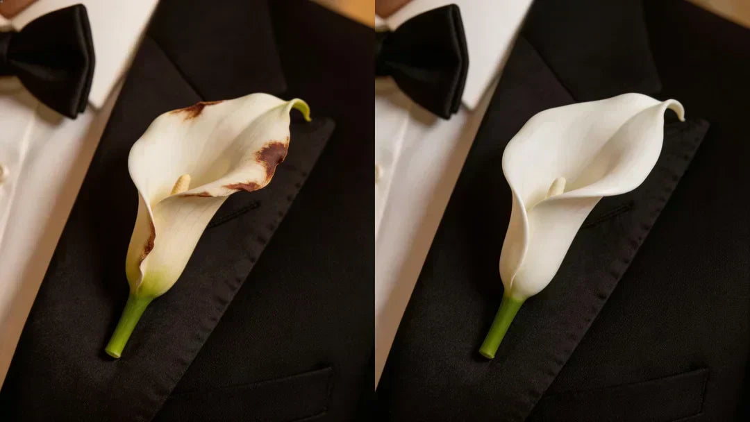 Editorial split-screen macro left, a fresh white calla lily boutonniere on a black tux with browning edges and slight wilting; right, a pristine Real Touch polyurethane calla lily boutonniere with flawless waxy texture.