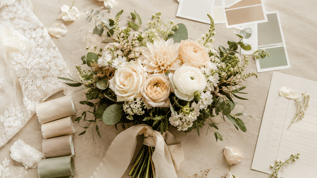 Editorial wedding planning flat lay with bridal bouquet, fabric swatches, ribbons, palette cards, checklist, and petals.