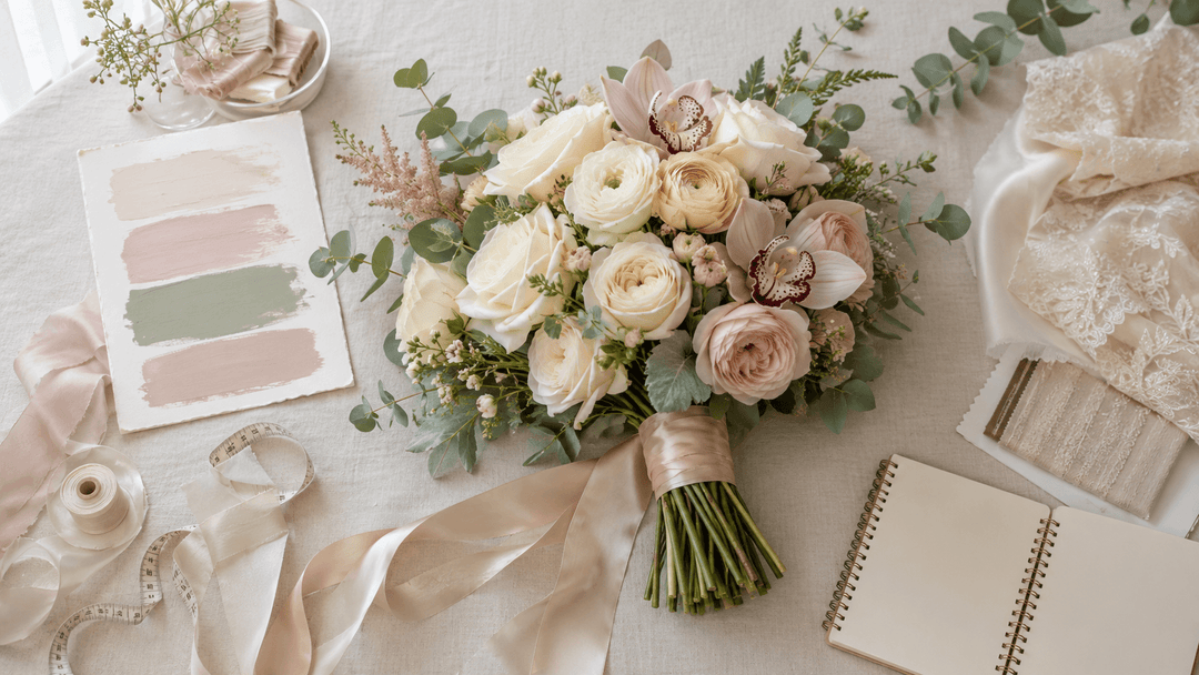 Editorial wedding planning flat lay with bridal bouquet, orchids, eucalyptus, champagne ribbon, and planning details.