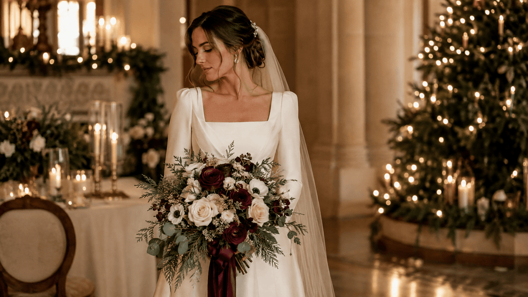 Elegant Christmas wedding flowers with burgundy roses, ivory blooms, evergreen foliage, and a winter bridal bouquet.