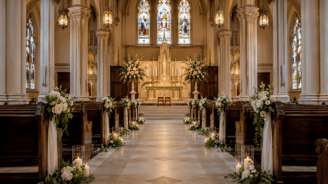 Elegant church wedding decorations with flowers on the pews, along the aisle, and around the altar.