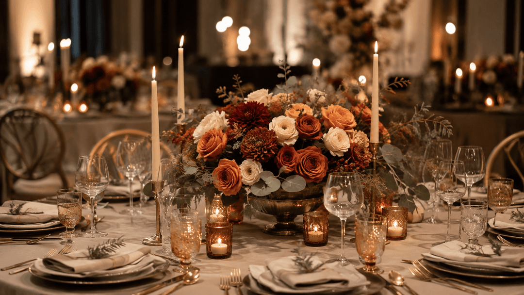 Elegant fall wedding centerpieces with burnt orange, burgundy, terracotta, champagne, and sage flowers on candlelit reception tables