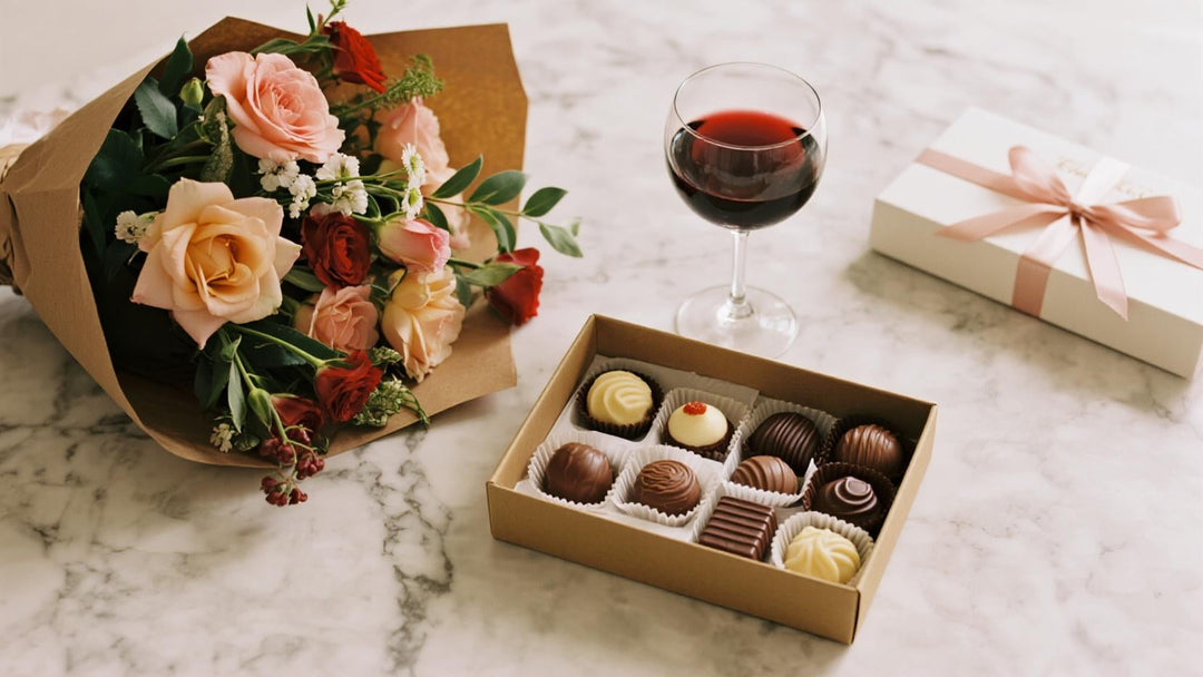 Bouquet of roses, assorted chocolates, glass of red wine, and gift box on marble table
