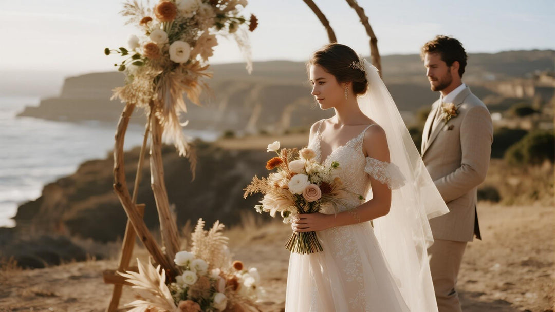 Elegant outdoor wedding setup on a beach cliffside, featuring realistic silk bridal bouquets and floral arrangements
