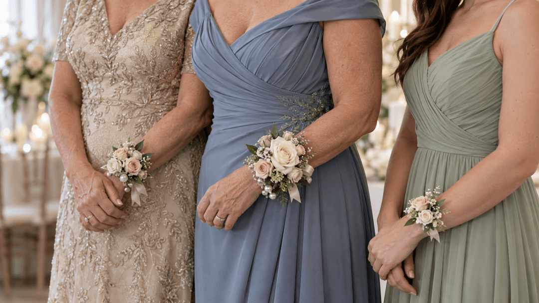 Elegant wedding wrist corsages worn by the mother of the bride and bridesmaids with coordinated formal dresses.