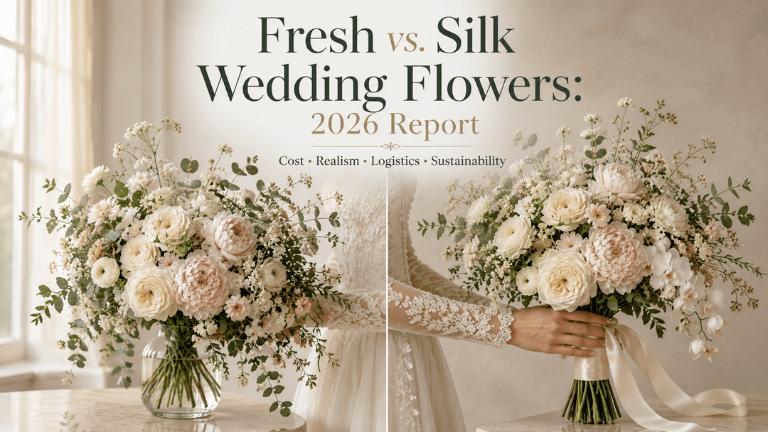 Fresh vs silk wedding flowers 2026 report cover showing a split comparison of a fresh bridal bouquet and a realistic silk bridal bouquet.