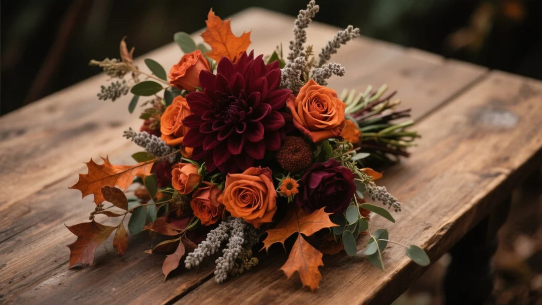 High-angle editorial of an autumn bouquet on a rustic wooden table with burgundy dahlias, terracotta roses, burnt orange foliage, and dusty miller.