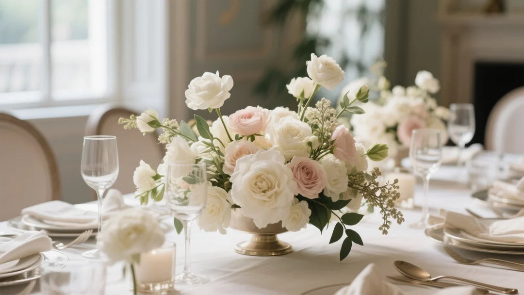 High-definition, luxury editorial photography of a modern wedding table centerpiece