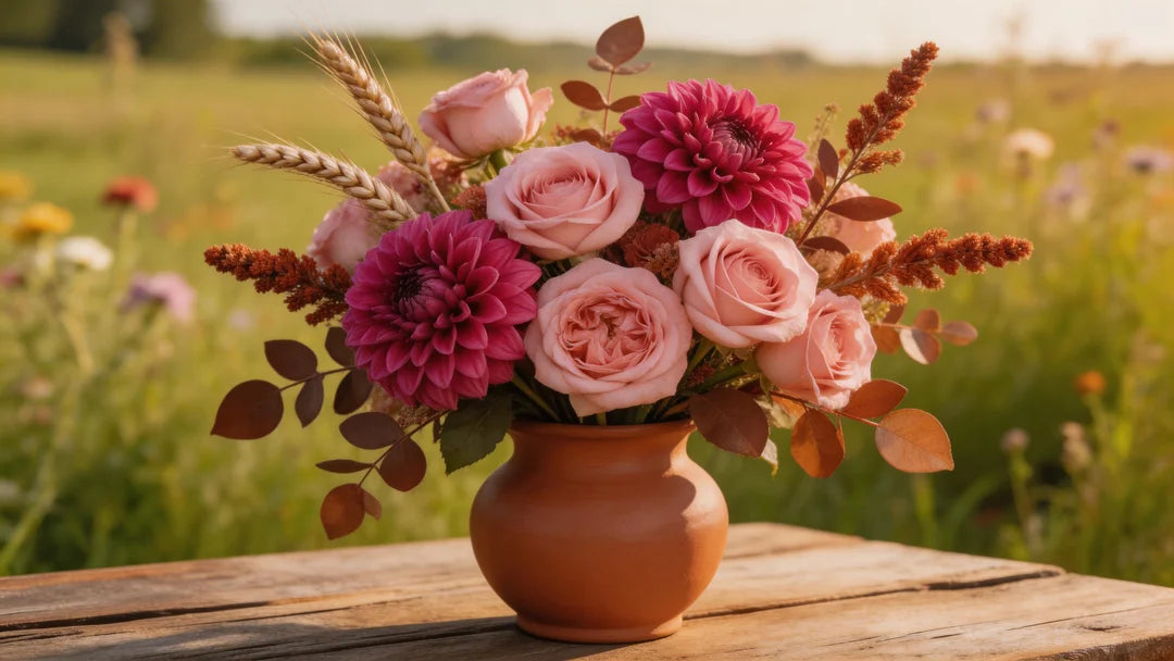 High-editorial photo of a luxurious wildflower meadow centerpiece with magenta dahlias, dusty pink garden roses, and terracotta accents.