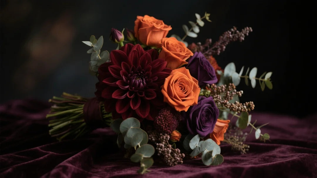 High-end autumn bouquet on dark velvet with burgundy dahlias, burnt orange roses, aubergine accents, and seeded eucalyptus.